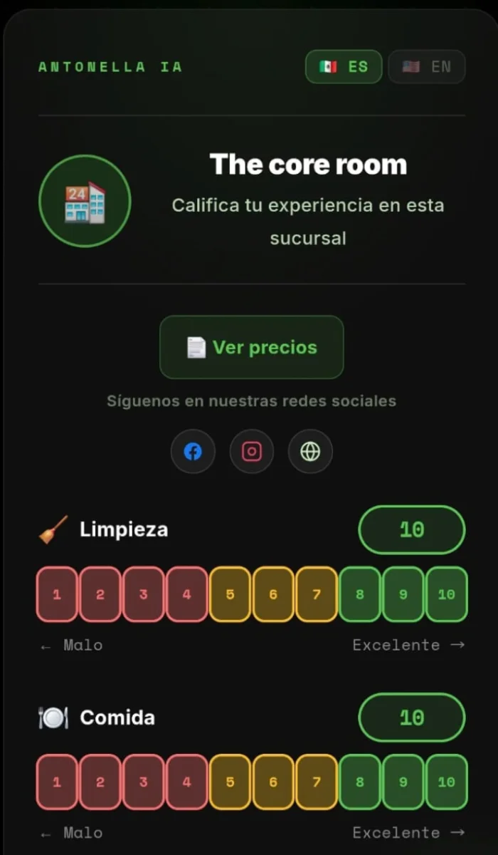 Pantalla que ve el cliente al escanear el código QR: calificación del empleado y datos del negocio
